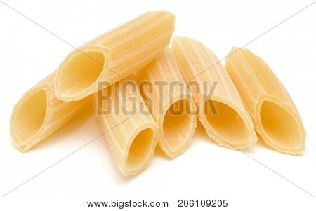 Italian pasta isolated on white background. Pennoni. Penne rigate.