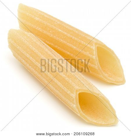Italian pasta isolated on white background. Pennoni. Penne rigate.