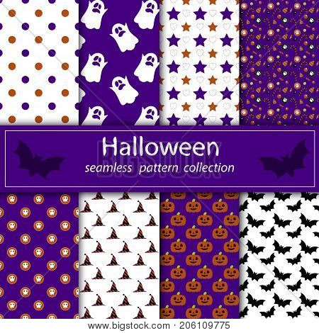 A set of paintings. Stock vector seamless plum fabric Halloween orange purple. happy and merry holiday. Flying Ghost.