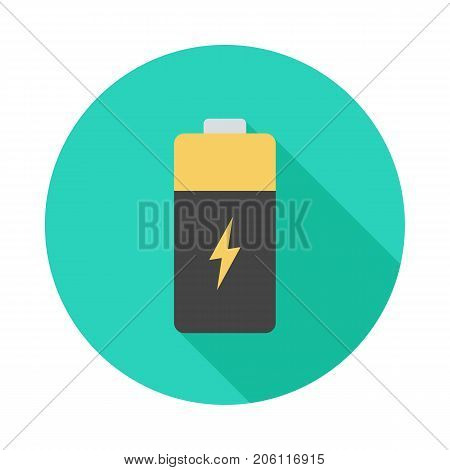 Battery circle icon with long shadow. Flat design style. Battery simple silhouette. Modern minimalist round icon in stylish colors. Web site page and mobile app design vector element.
