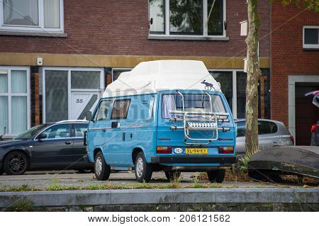 ROTTERDAM, THE NETHERLANDS - SEP 7, 2017: Volkswagen T3 Transporter  Camper van. The Volkswagen Transporter (T3) is a van produced by the German manufacturer Volkswagen Commercial Vehicles.