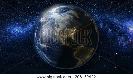 Planet Earth in black Universe of stars. Milky Way in the background. Day and night city lights. North and South America zone. High detailed 3D Animation. Elements of this image furnished by NASA