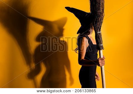 Side Profile Shot Of Satanic Bad Fairy Enchantress, With Hot Figure In Fashionable Dark Dress, Prepa