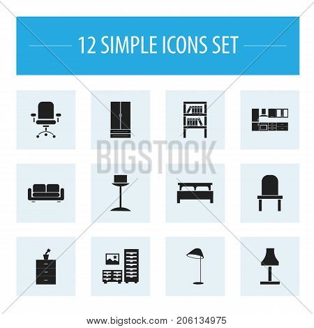 Set Of 12 Editable Interior Icons. Includes Symbols Such As Enlightenment, Bookrack, Plant Pot And More