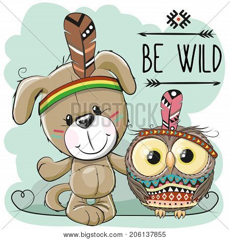 Cute Cartoon tribal dog and owl with feather