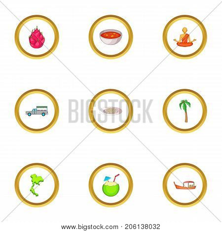 Thailand icons set. Cartoon style set of 9 Thailand vector icons for web design