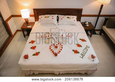 Hotel room prepared for romantic date