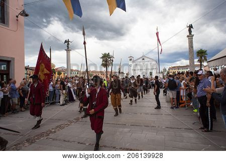 PALMANOVA ITALY - SEPTEMBER 03: Historical Groups dressed in ancient clothes during the historical Reenactment a.d. 1615 on September 03 2017