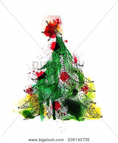 Ornate Christmas tree background. Sketch with colourful water colour effects