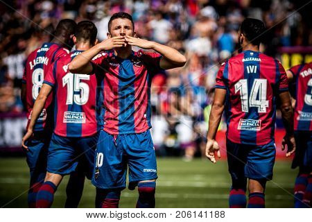 VALENCIA, SPAIN - SEPTEMBER 16: Bardhi celebrates a goal during Spanish La Liga match between Levante Ud and Valencia CF at Ciutat de Valencia Stadium on September 16, 2017 in Valencia, Spain