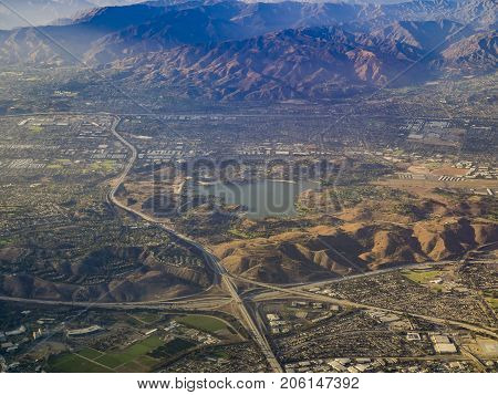 Aerial View Of San Dimas And Puddingstone Reservoir, View From Window Seat In An Airplane