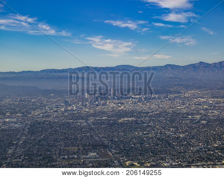 Aerial View Of Downtown, View From Window Seat In An Airplane