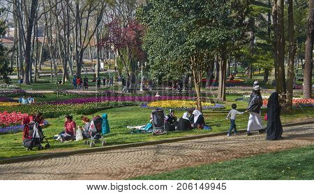 Istanbul Turkey - April 06 2016 Annual Spring Festival of Tulips new design Gulhane Park local people and tourists are getting rest making photos and enjoy good weather and spring slice of life editorial.