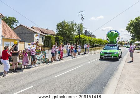Sainte Marguerite sur Mer France - July 09 2015: The Skoda Caravan during the passing of Publicity Caravan before the stage 6 of Le Tour de France 2015 on 09 July 2015.