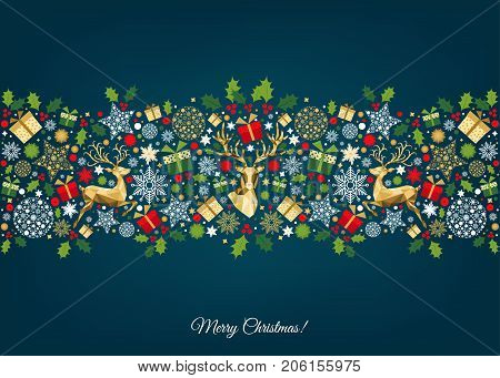 Christmas Pattern With Golden, Red, Green, White  Tree Decoration.
