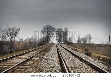 Rails (dormitories) At The Electrified Railway Corridor. Cloudy Weather. Gazakh Azerbaijan