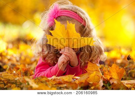 Happy little child in autumn park
