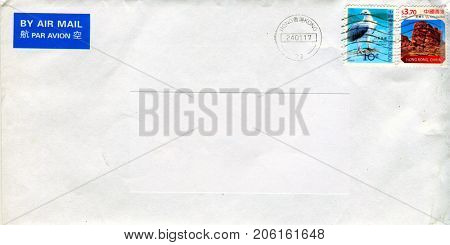 GOMEL, BELARUS - AUGUST 12, 2017: Old envelope which was dispatched from Hong Kong to Gomel, Belarus, August 12, 2017. 