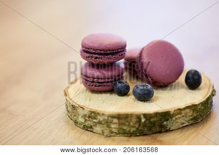 cooking, confectionery and baking concept - blueberry macarons on wooden stand