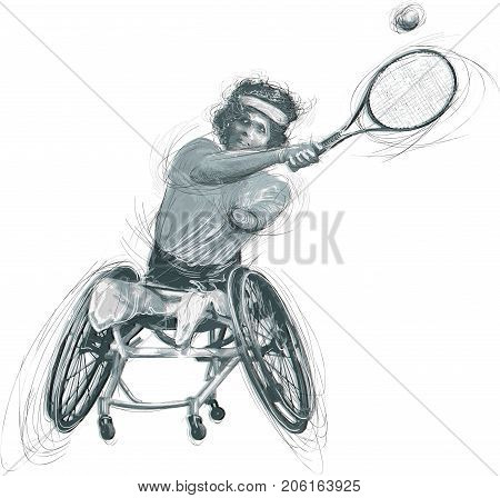 WHEELCHAIR TENNIS. From the series SILENT HEROES - Athletes with physical disabilities. An hand drawn vector. Note 