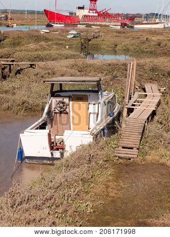 Boat Close Up Parked In Estuary Marshland Tollesbury Maldon