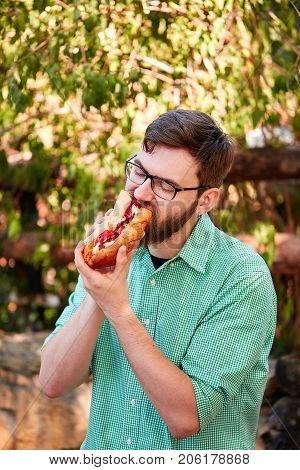 Handsome man with beard eating juicy hotdog with ketchup and majo on the street. Close-up of fast food. Food concept.