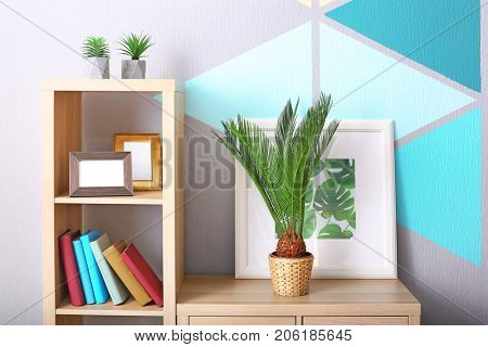 Sago palm and framed picture of tropical leaves on bookcase in house