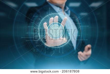 Fingerprint scan provides security access with biometrics identification. Business Technology Safety Internet Concept.