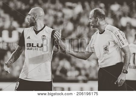 VALENCIA, SPAIN - SEPTEMBER 19: Zaza talks with Refereee during Spanish La Liga match between Valencia CF and Malaga CF at Mestalla Stadium on September 19, 2017 in Valencia, Spain
