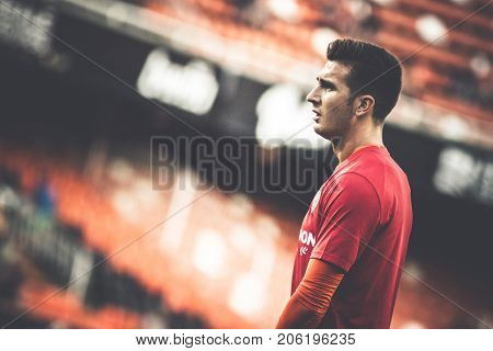 VALENCIA, SPAIN - SEPTEMBER 19: Andres Prieto during Spanish La Liga match between Valencia CF and Malaga CF at Mestalla Stadium on September 19, 2017 in Valencia, Spain