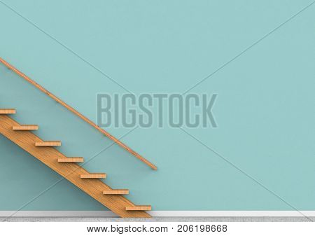 3d rendering. wood stairs and light green cocrete wall as background