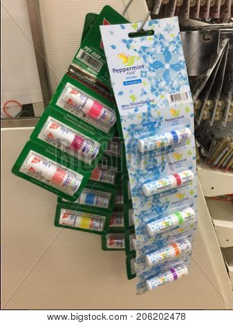 BANGKOK THAILAND 27 SEP 2017: Variety of Thai style nasal inhaler in seven eleven it is the best-selling as gift for tourists, product of eucalyptus oil and borneol, used to relieve dizziness and headache