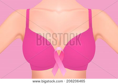 Beautiful realistic female breast in pink bra with pink ribbon close-up on pink background. Design template. Breast Cancer Awareness concept. Stock vector. EPS10 illustration.
