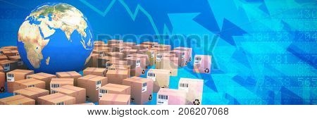 Digital composite image of cardboard boxes and globe against stocks and shares