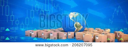 Digital composite image of blue globe amidst boxes against stocks and shares