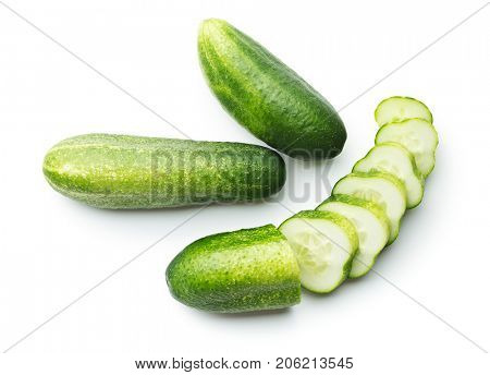Fresh sliced cucumber isolated on white background. Top view of sliced cucumber.