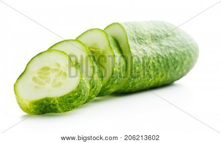 Fresh sliced cucumber isolated on white background. One sliced cucumber.