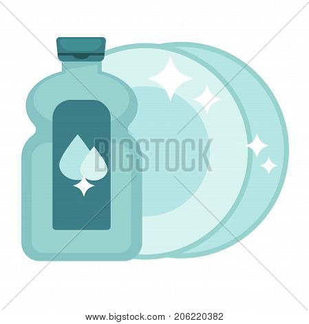 Shiny polished dishes and bottle of special detergent with water drops on label isolated cartoon flat vector illustration on white background. Clean dishware and chemical means in plastic container.