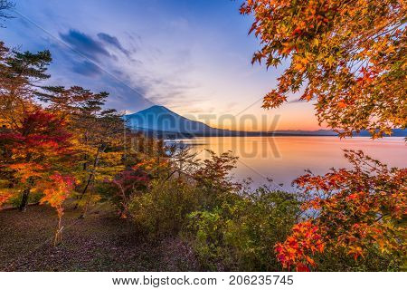 Lake Yamanaka, Yamanashi, Japan with Mt. Fuji during autumn season.
