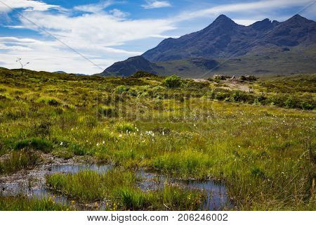 Landscape of a field and Cuillin Mountain peaks at Tir Nan Iolaire or the Land of Eagles on the Isle of Skye in Scotland.