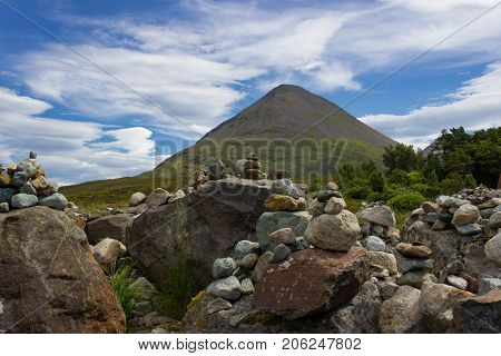 Multiple Summit marker Cairns placed at Tir Nan Iolaire or The Land of the Eagles on the Isle of Skye in Scotland.