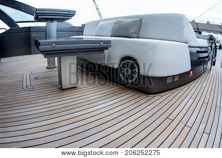 NORWALK, USA - SEPTEMBER 21, 2017: Pershing 70 back deck view from Ferretti Group exhibit view in Norwalk Boat Show 2017