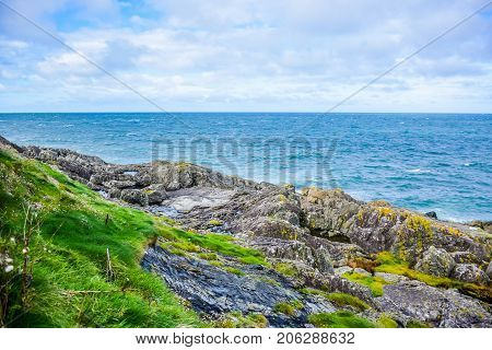 Beautiful rocky seashore at Peel hill in Isle of Man