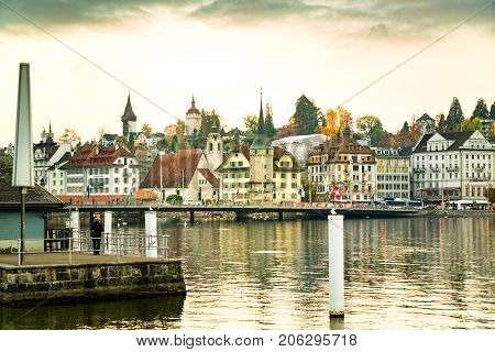 Twilight view of the historic medieval old town Lucerne in Switzerland