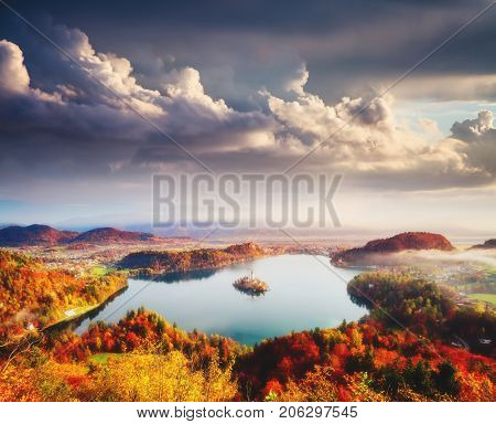 Aerial view of the island on alpine lake Bled from Osojnica viewpoint. Great and gorgeous morning scene. Popular tourist attraction. Location famous place Julian Alps, Slovenia, Europe. Beauty world.