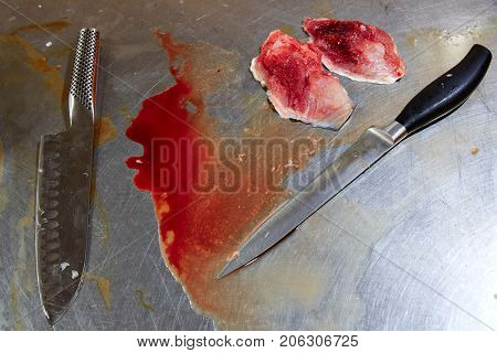 Amberjack fish fillet process in stainless steel kitchen