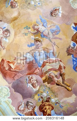 PURGA LEPOGLAVSKA, CROATIA - OCTOBER 08: Saint George fresco in the chapel of Saint George in Purga Lepoglavska, Croatia on October 08, 2016.