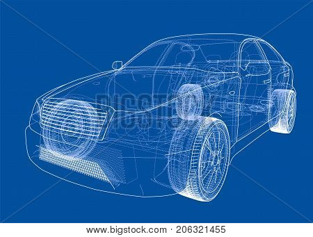 Concept car. Vector rendering of 3d. Wire-frame style. The layers of visible and invisible lines are separated