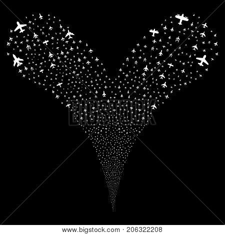 Airplanes salute stream. Vector illustration style is flat white iconic airplanes symbols on a black background. Object fountain organized from random icons.