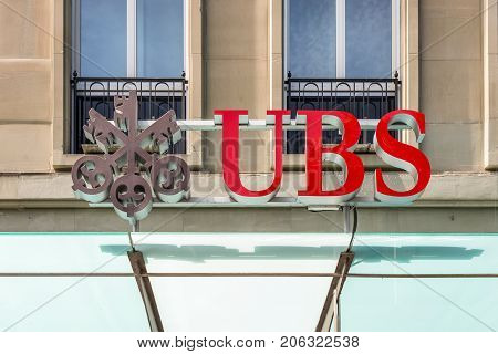 Bern Switzerland - May 26 2016: UBS bank symbol at the city center of Bern Switzerland. UBS is a globally active financial services company.